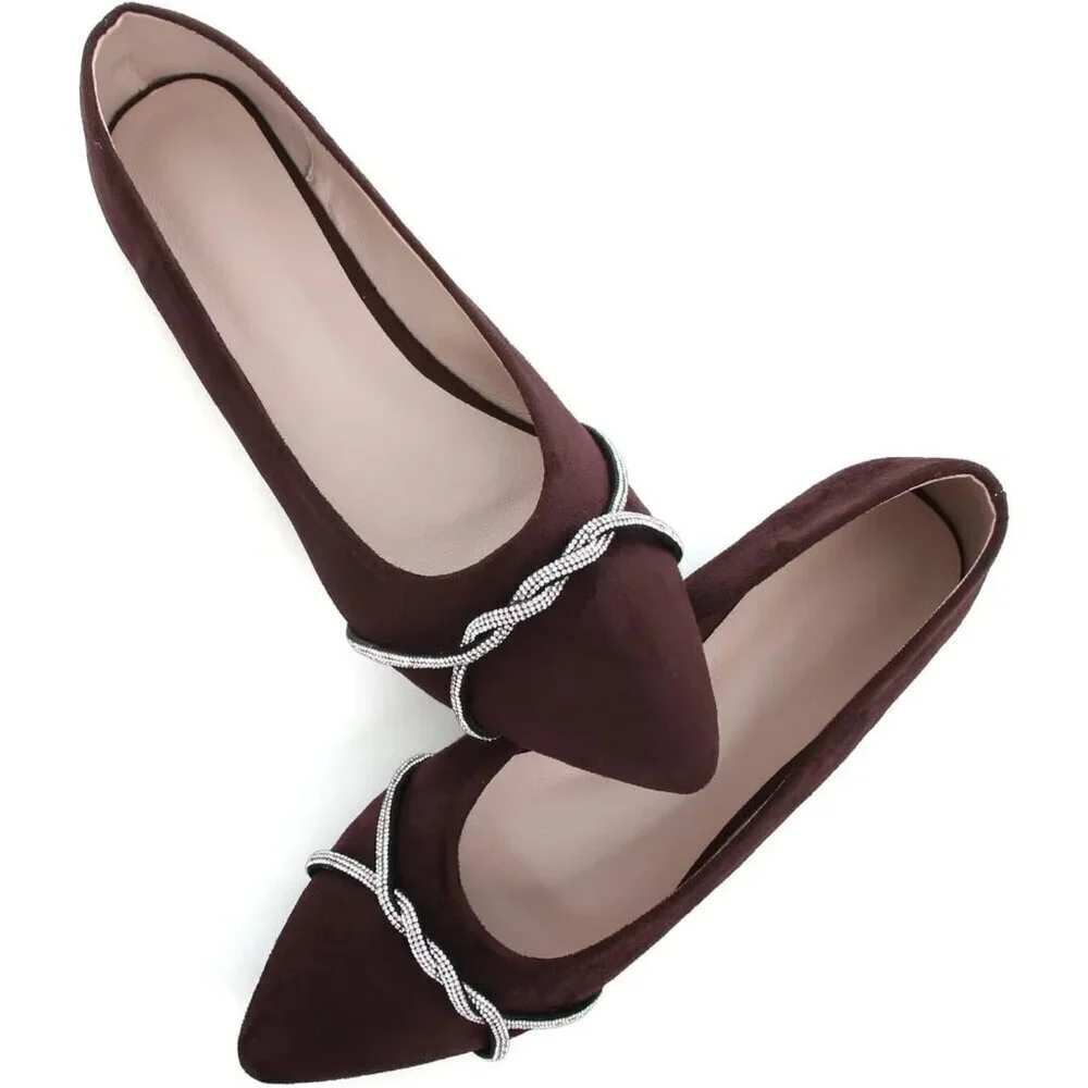 Women's Brown Rhinestone Casual Flats Fashion Chain Pointed Toe Ballet Flat